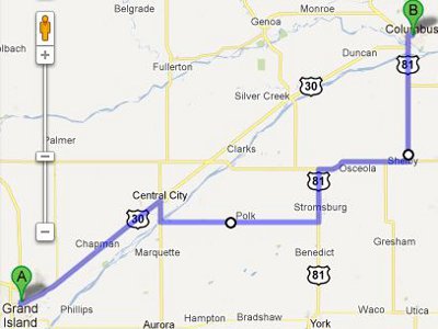 Map from Grand Island to Columbus