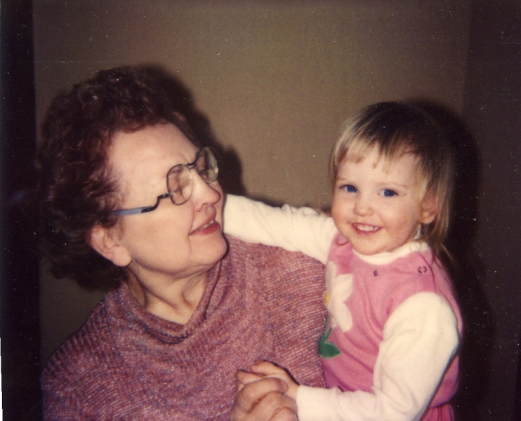 Rebekah with her Grandma Menter in the jumpsuit Mama made her