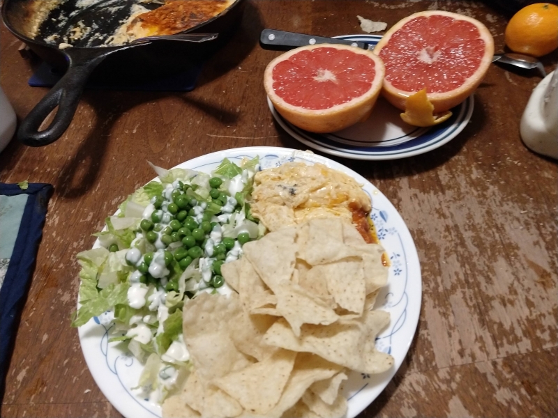 Buffalo Chicken Dip, Lettuce Salad, and Grapefruit