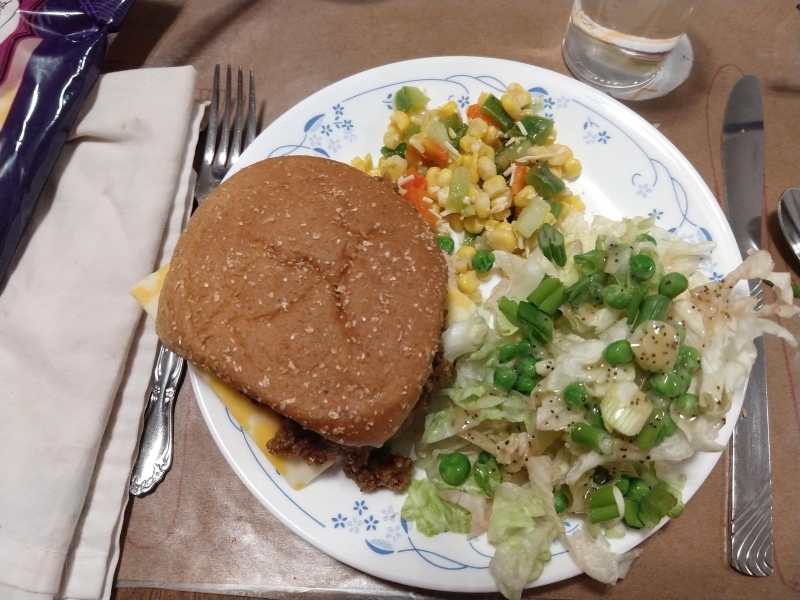 "Ella's Taverns" (Sloppy Joes) with lettuce salad and corn salad