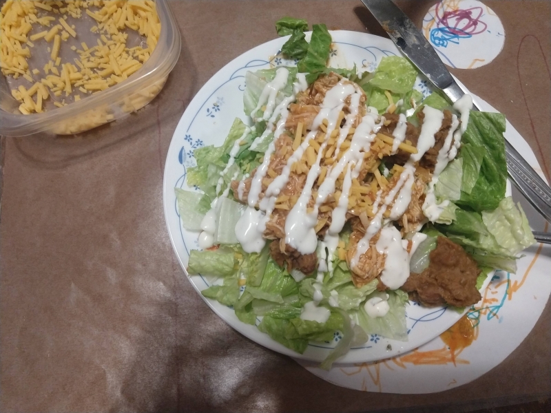 Salsa chicken and beans, this time on top of the salad