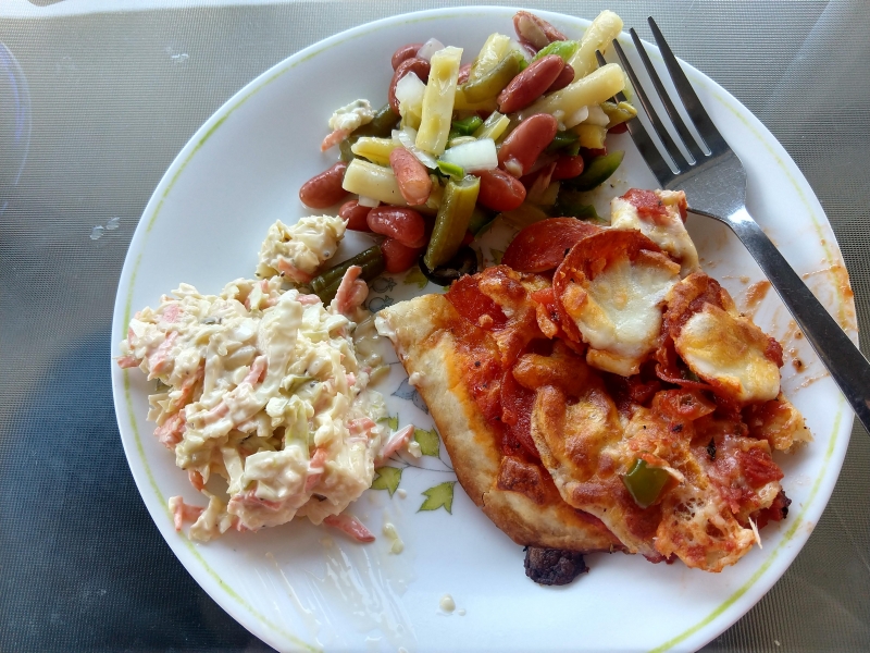 Pizza, 3 bean salad, and coleslaw