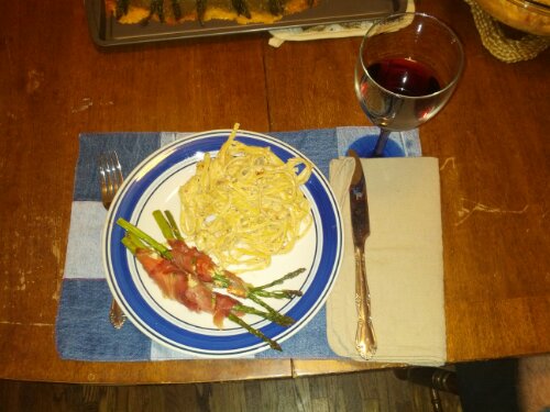 Creamy Cajun Chicken Pasta and Prosciutto and Camembert-wrapped asparagi